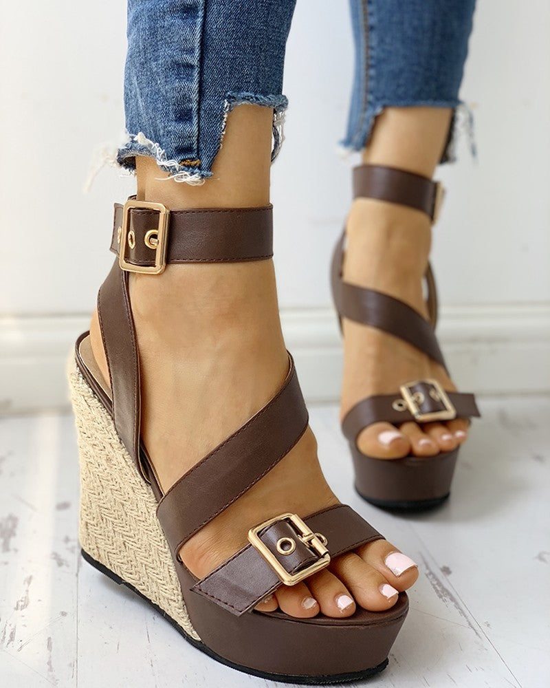 Sandales compensées tissées en paille à talon très haut pour femmes, grande taille
