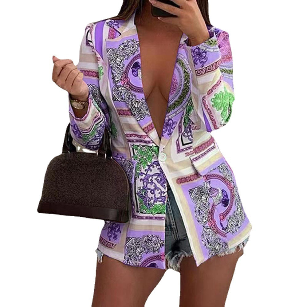 Blazer court imprimé Femme à manches longues motif peint