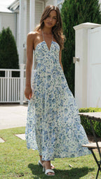 Robe longue sans manches en mousseline de soie à col en V et patchwork