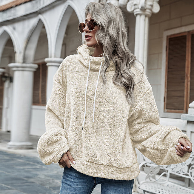 Pull à capuche en peluche uni ample pour femme Hover Image