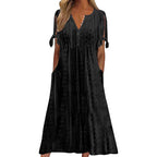 Robe longue d'été en broderie anglaise à col en V pour femme, manches courtes, coupe ample évasée pour la plage