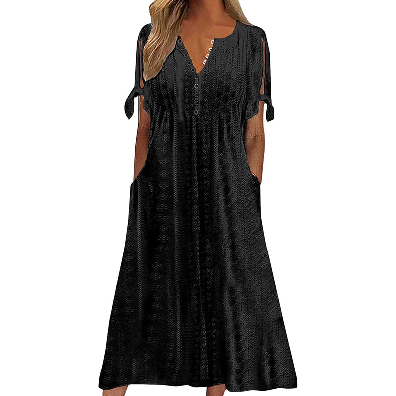 Robe longue d'été en broderie anglaise à col en V pour femme, manches courtes, coupe ample évasée pour la plage