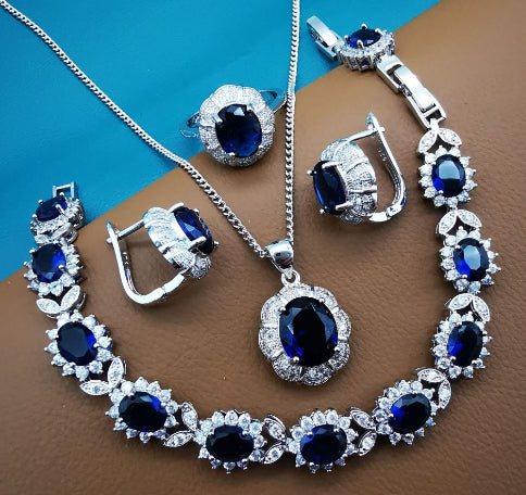 Parures de Bijoux de Mariage pour Femme en Argent 925, Zircon cubique bleu