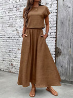 2 Piece Set Women's Solid Color Short Sleeve Top And Casual A- Line Dress Suit