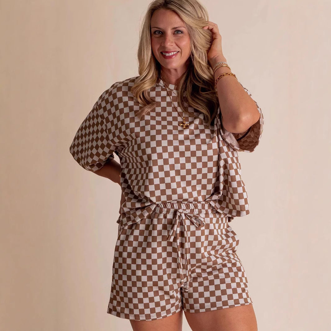 Nouvel ensemble deux pièces pour femme, décontracté et confortable, style européen et américain, chemise à carreaux à manches courtes et short.