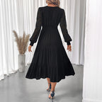 Robe Femme Chic et Élégante Col V Taille Serrée Dentelle Manches Longues Couleur Unie