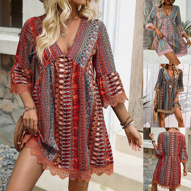 Robe bohème imprimée col en V, style décontracté pour femme Hover Image