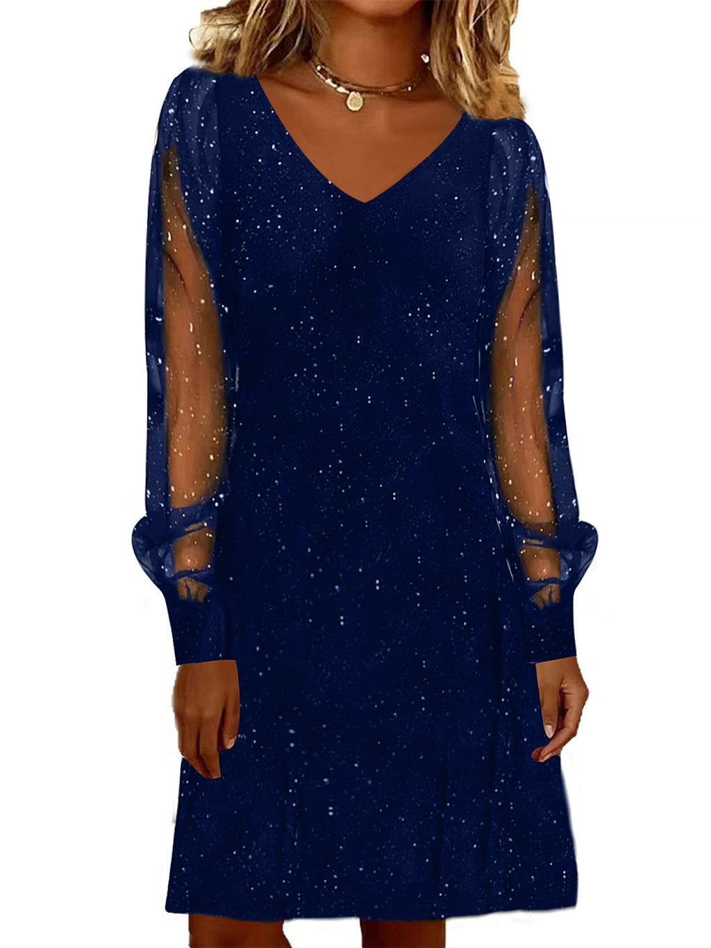 Robe élégante pour femme Col en V Manches en maille brillantes et lumineuses Mini-robes pour femmes Robe de soirée noire d'automne et d'hiver