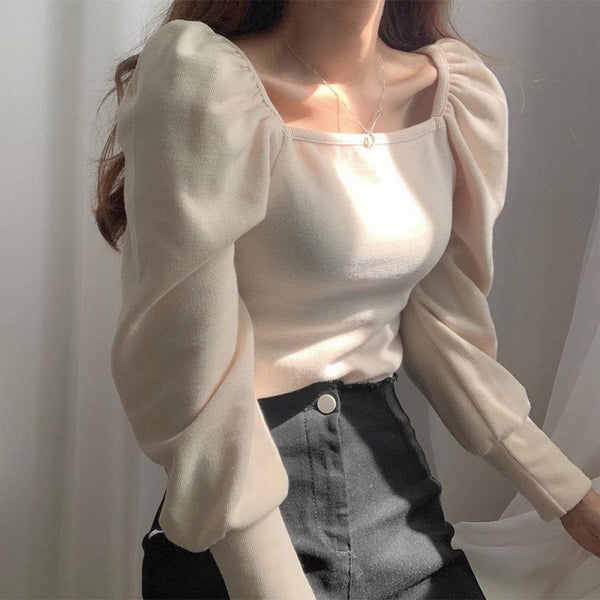 Pull femme à manches bouffantes, col carré, design tendance