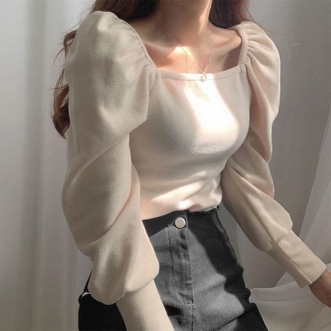 Design sense puff sleeve square neck sweater women Hover Image