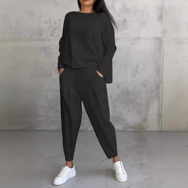 Ensemble tailleur irrégulier femme - Haut à manches longues et col rond et pantalon sarouel ample avec poches - Vêtements pour femmes style Ins Main Image