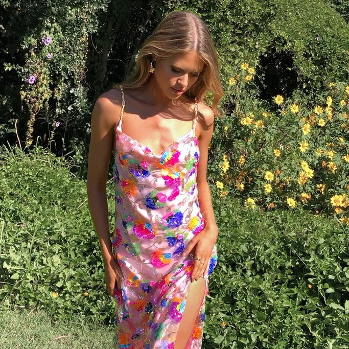 Robe fendue fleurie à sequins tendance pour femme