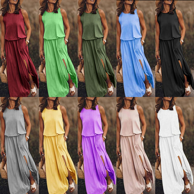 Round Neck Sleeveless Split Solid Color Dress Main Image
