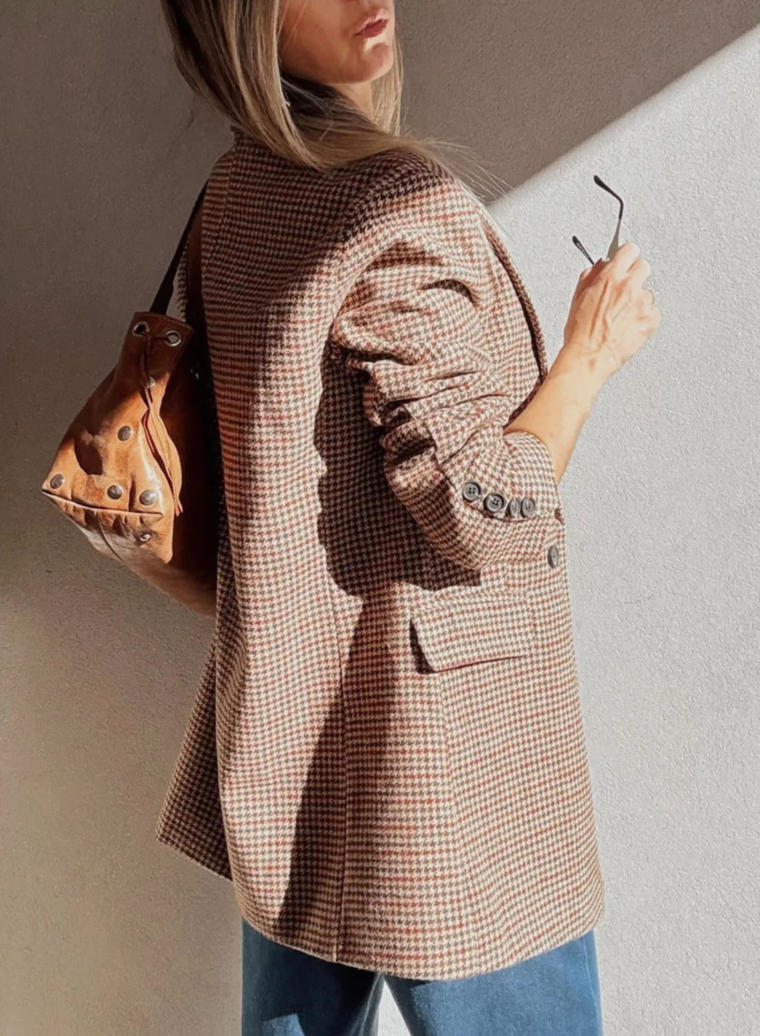 Blazer à revers pied-de-poule marron