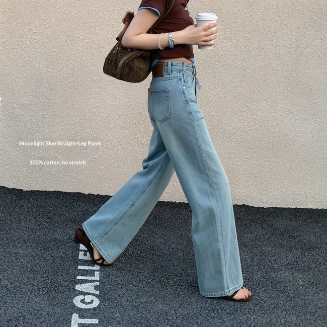 Jeans droits taille haute bleu clair pour femme Hover Image