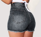 Short en jean déchiré extensible à coupe ajustée avec pompons pour femme
