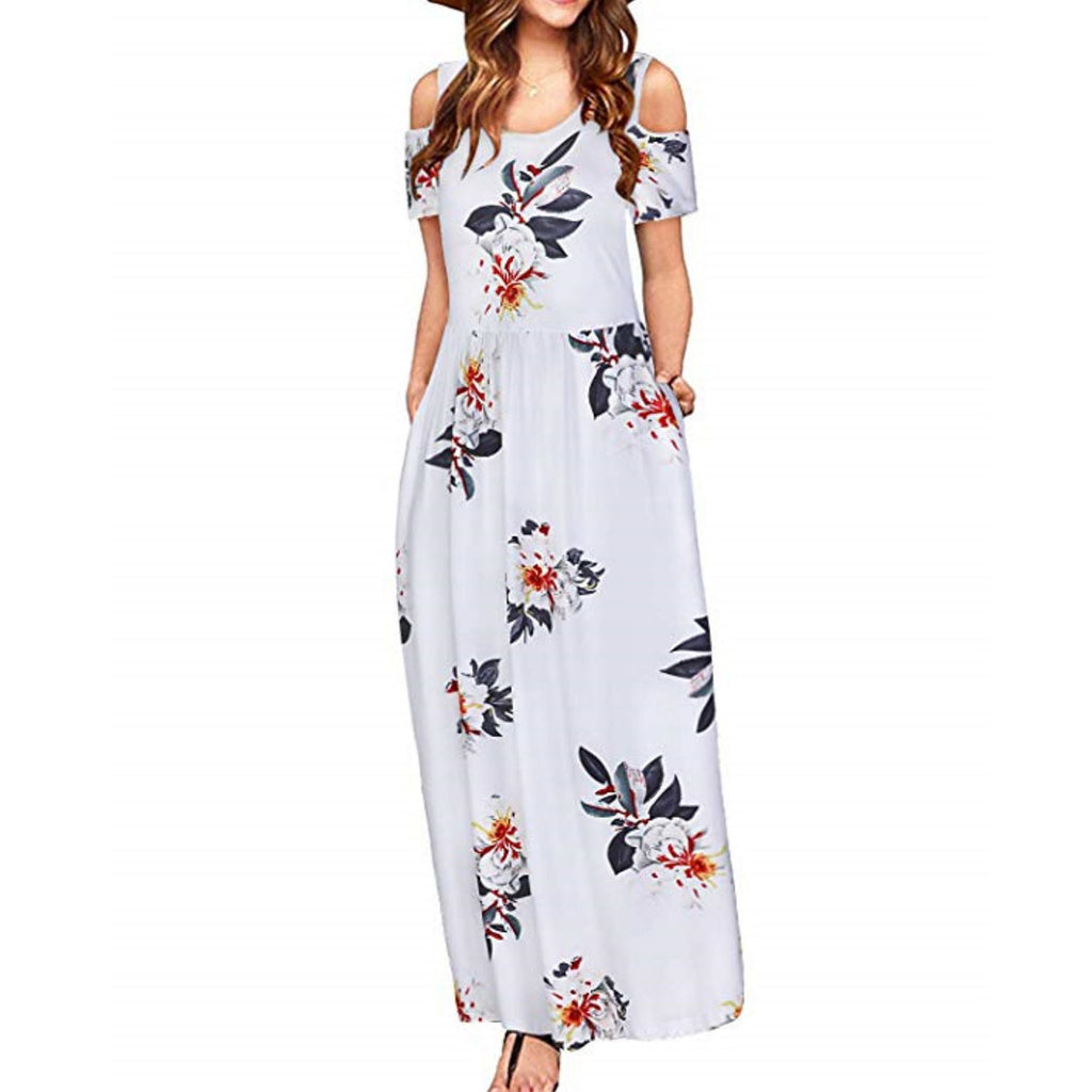 Robe longue à manches courtes imprimé fleurs multicolores