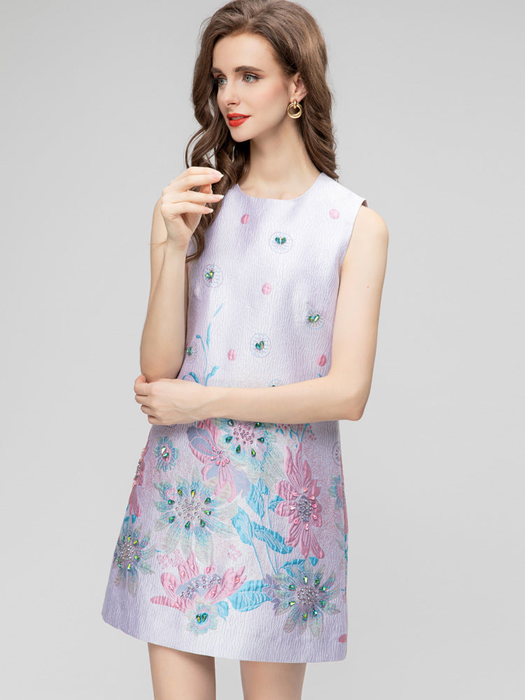 Robe courte sans manches en jacquard imprimé pour femme