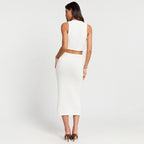 Ensemble deux pièces jupe longue taille haute tricotée sans manches de couleur unie pour femme, mode vacances