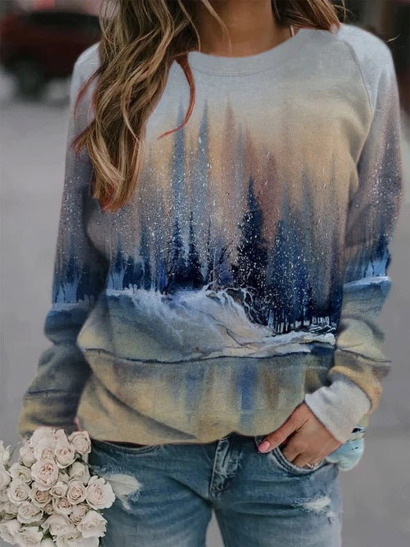 Haut de T-shirt à manches longues à imprimé paysage pour femme, populaire
