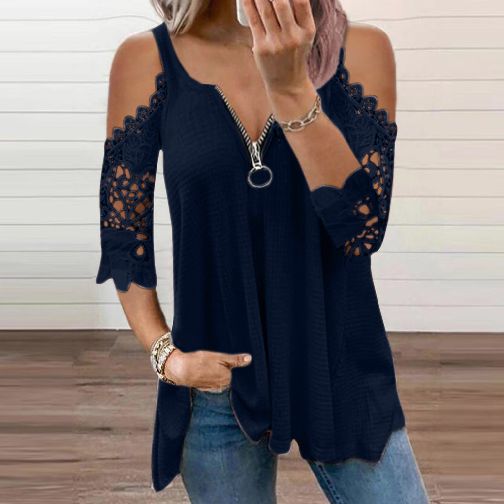 Sexy Summer Half Sleeve Lace Shirt Women Casual Zipper