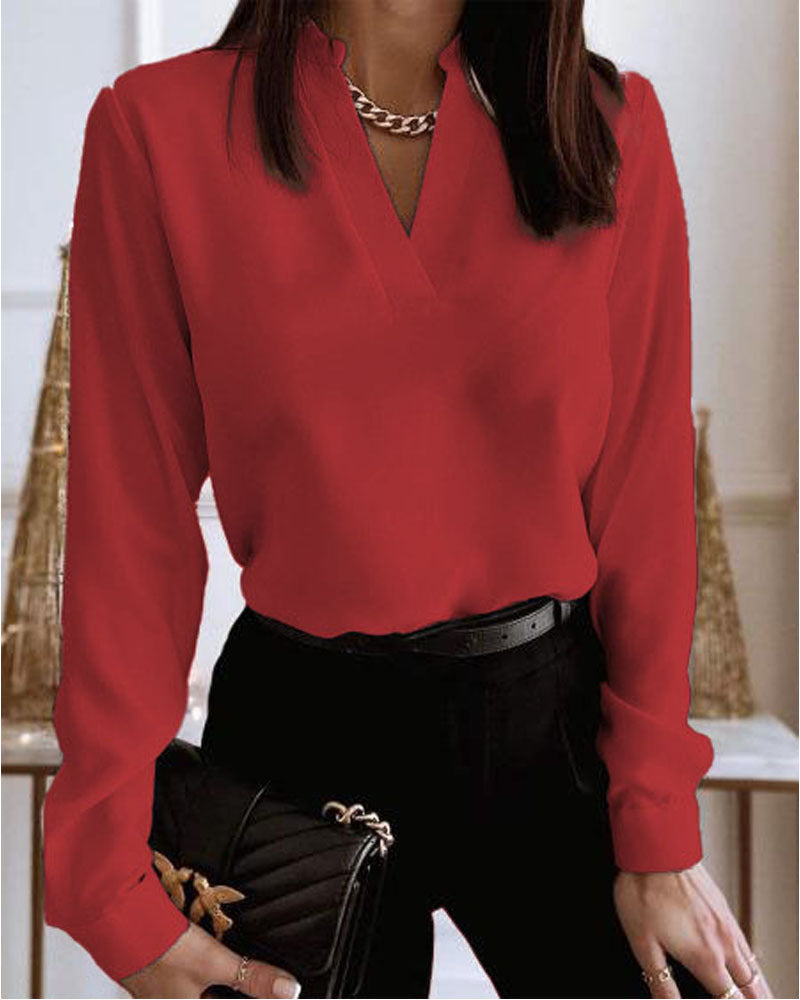 Haut chemise imprimé ample col en V manches longues printemps pour femmes