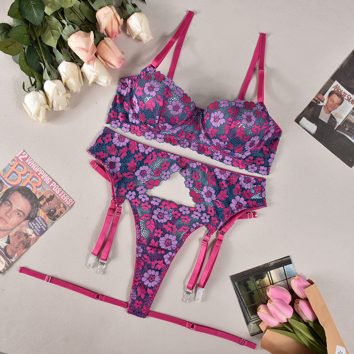 Maillot de Bain Bikini Brodé Contraste de Couleurs pour Femmes