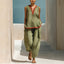 Ensemble Femme Chic en Coton-Lin Deux Pièces Pantalon Large et Haut Color-Block Contraste pour l'Été