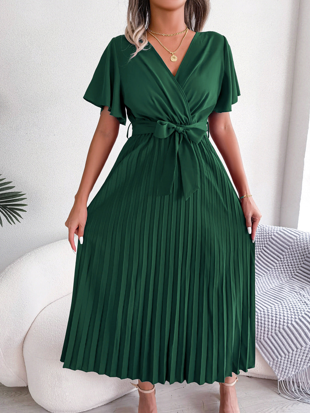 Femmes Robe longue plissée fluide élégante col V croisé