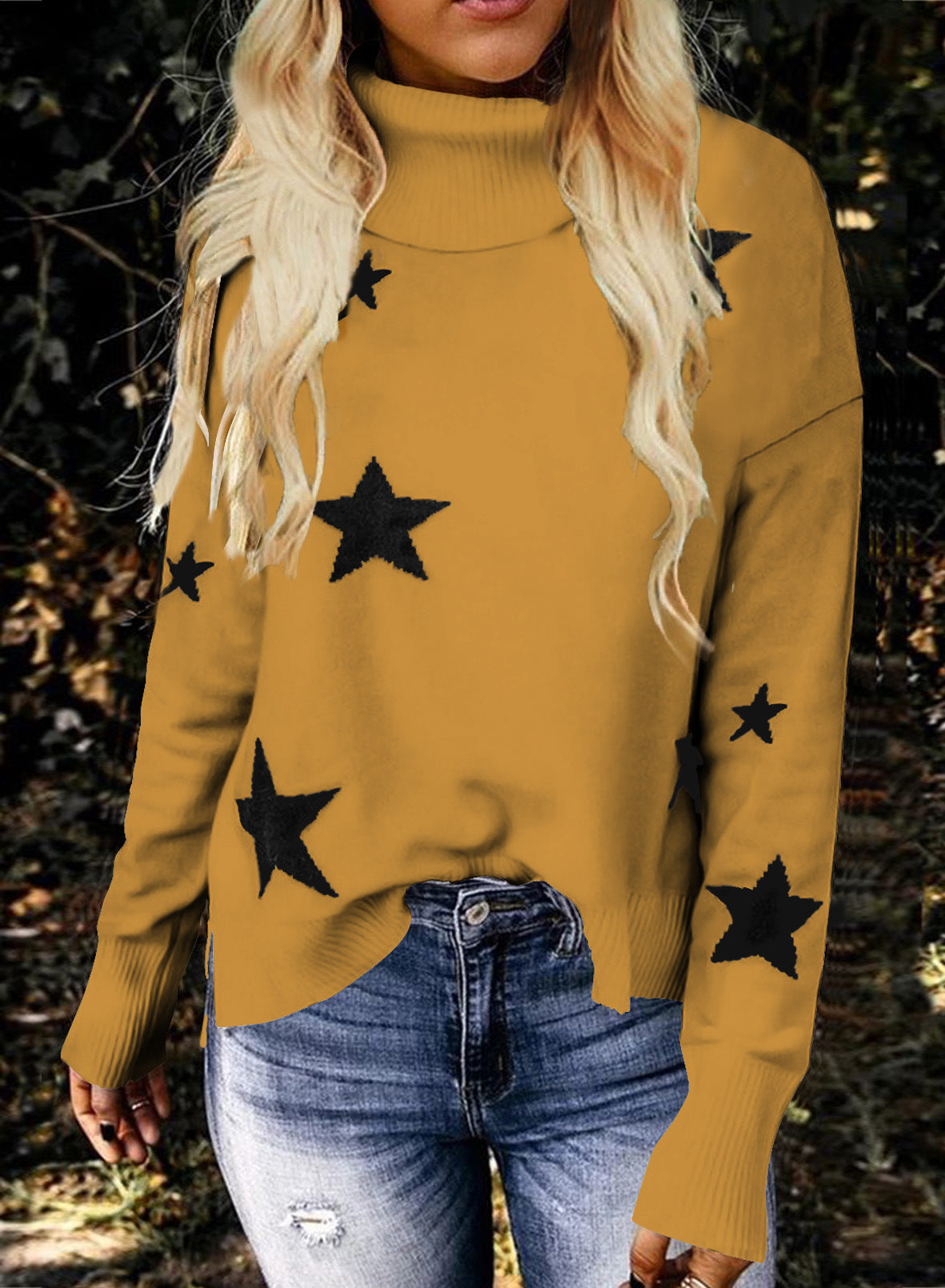 Pull tricoté pour femme, motif XINGX, col roulé, manches longues