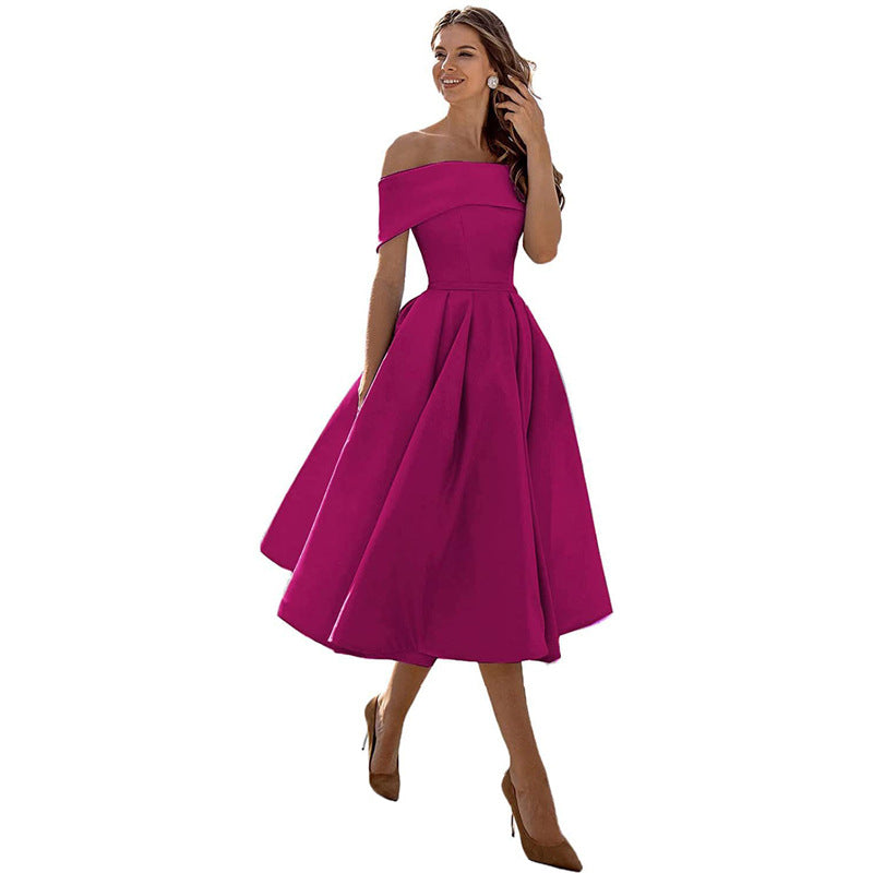 Robe de Soirée Formelle en Satin pour Femme sans Bretelles, Coupe Décontractée, Longueur Thé, Épaules Dénudées, avec Poches