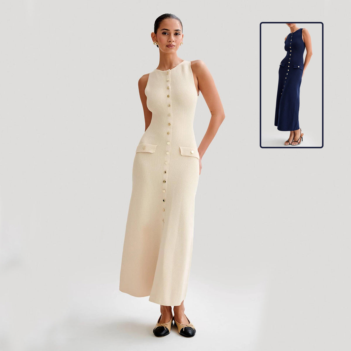 Robe longue élégante en tricot sans manches avec col rond, vêtement féminin