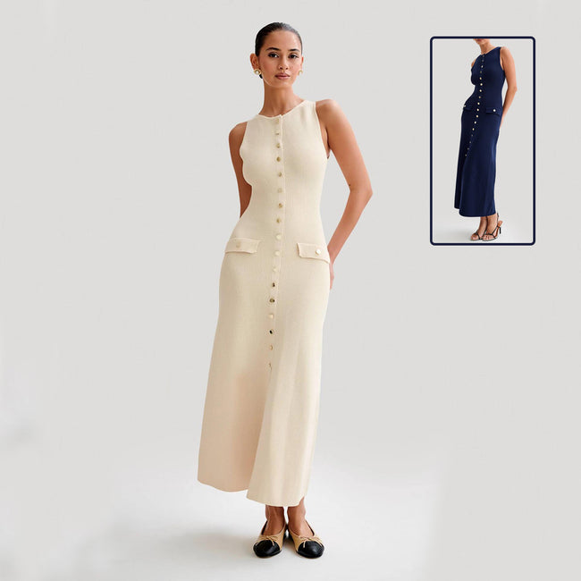 Robe longue élégante en tricot sans manches avec col rond, vêtement féminin Hover Image