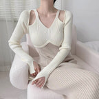 Robe longue tricotée à manches longues et dos nu, style français, pour femme