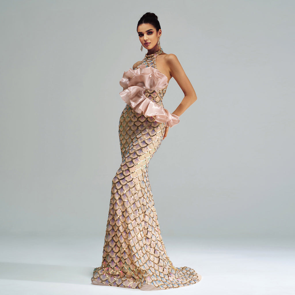 Robe de soirée sirène à licou et sequins
