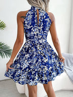 Femmes Robe Fluide à Imprimé Floral, Taille Nouée et Ourlet Volanté Élégante