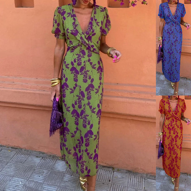 Robe d'été à col en V et manches courtes, motif floral imprimé, coupe ajustée, robes de plage pour femmes Hover Image