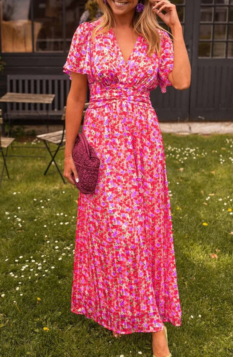 Robe imprimée à col en V, taille ajustée