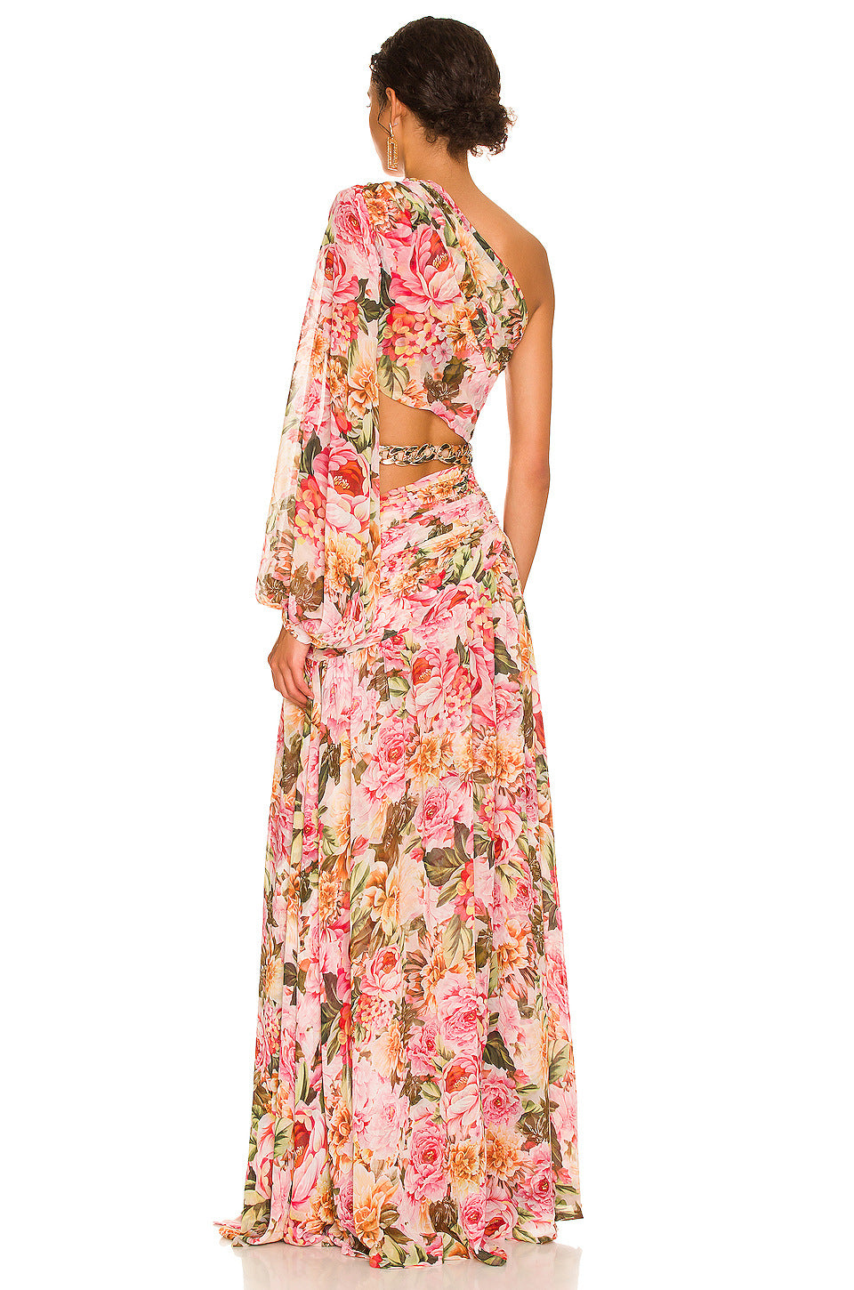 Robe moulante fendue asymétrique à manches longues bouffantes, motif floral ajouré