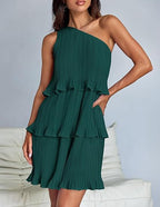 Robe décontractée pour femme, à une épaule dénudée, ourlet à volants superposés, couleur unie simple, taille haute confortable, pour l'été et la rue