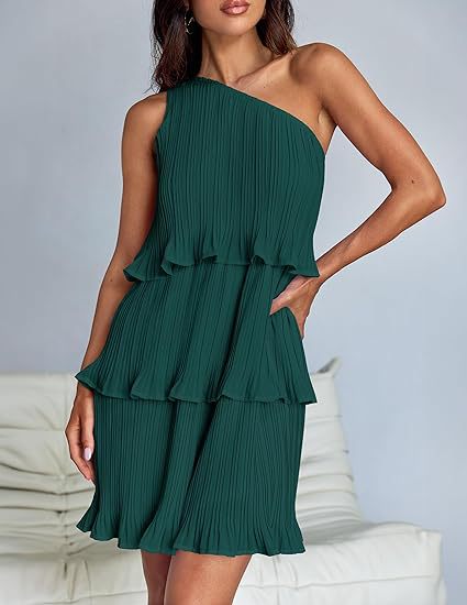 Robe décontractée pour femme, à une épaule dénudée, ourlet à volants superposés, couleur unie simple, taille haute confortable, pour l'été et la rue