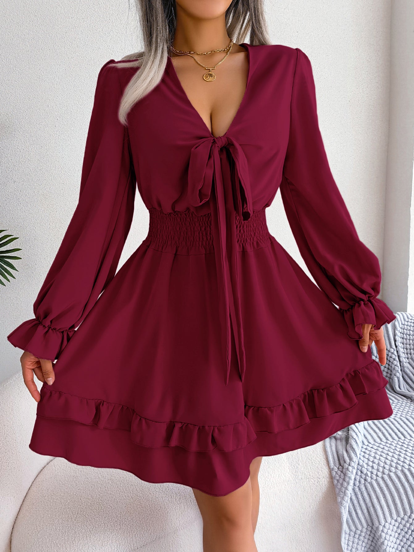 Robe fluide décontractée à volants avec ceinture à nouer pour femme