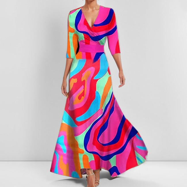 Robe mi-manches à imprimé mode col en V tempérament mince taille serrée pour femmes Main Image