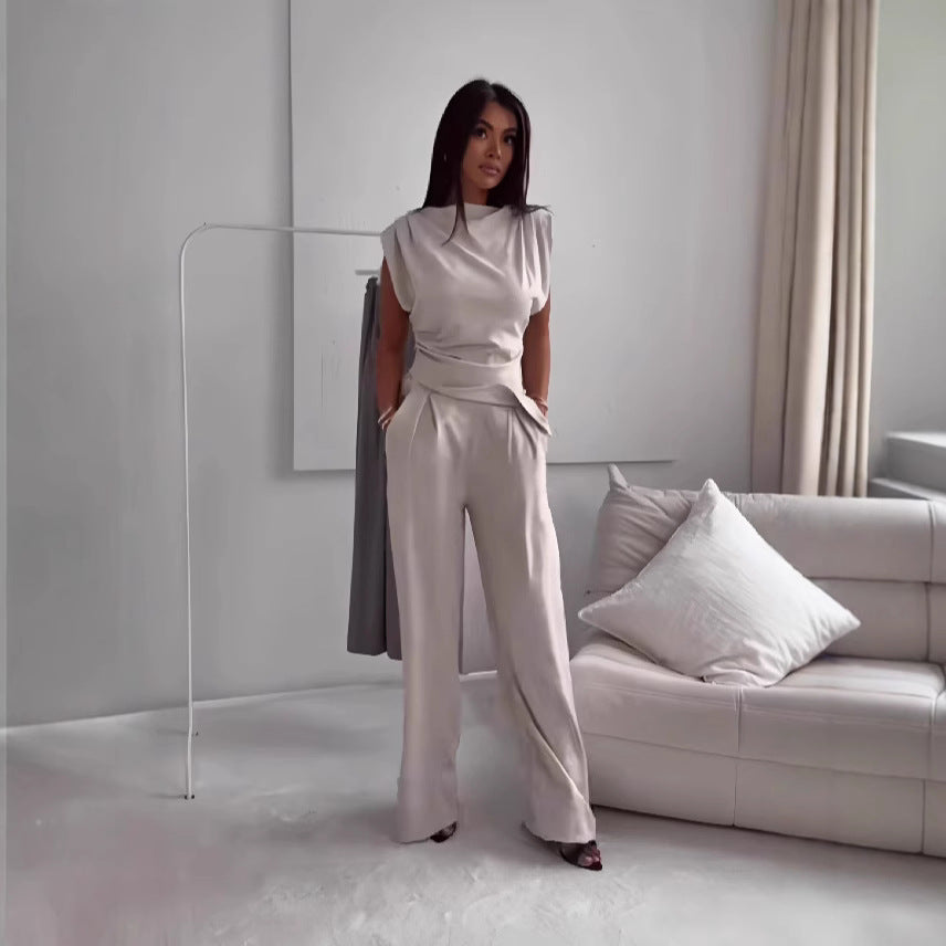 Ensemble pantalon et haut fendus irréguliers amincissants sans manches pour femme