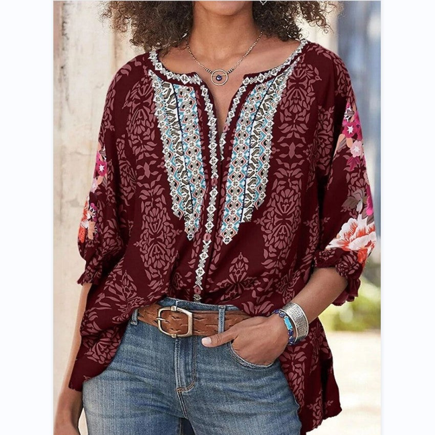Nouveau chemisier vintage pour femmes imprimé, style folk, col rond, manches chauve-souris