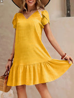 V-neck Solid Color Loose Casual Short Sleeve Dress