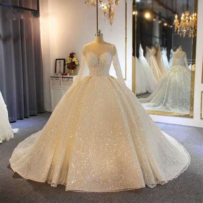 Long Sleeve Round Neck High Waist Wedding Dress Hover Image