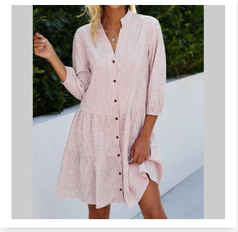 Robe à carreaux imprimée à volants, col en V, boutonnée, manches trois-quarts pour femme