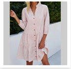 Robe à carreaux imprimée à volants, col en V, boutonnée, manches trois-quarts pour femme
