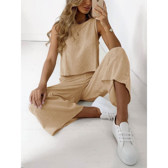 Ensemble deux pièces sans manches pour femme en coton et lin, chemise et pantalon large court Hover Image